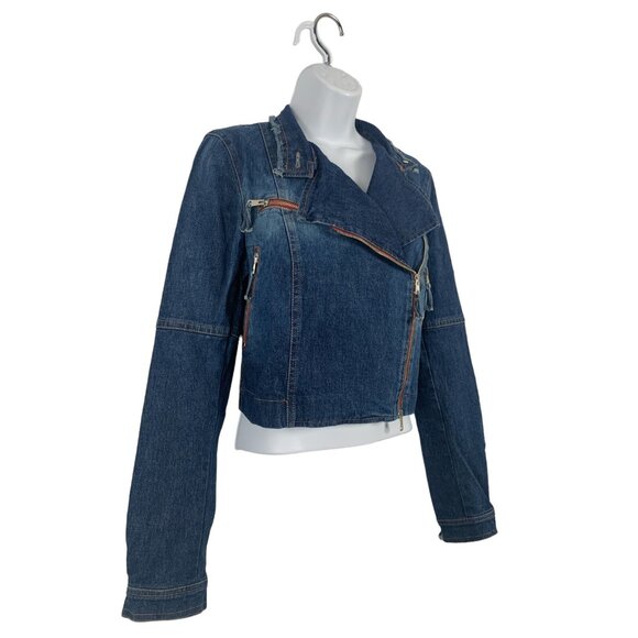 Cropped Moto Denim Jacket With Asymmetrical Zipper For Women Size 6 Small - Picture 3 of 9